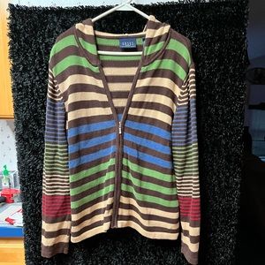 Womens Xl Multicolored Stripped Crazy Horse Zip up Sweater w/hood great cond